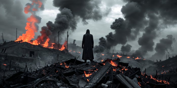 Desolation of a ruined landscape amid dark skies and flames in a war-torn setting photo