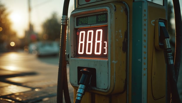 Vintage gas pump displays price at sunset, highlighting the beauty of retro fuel stations in urban settings photo