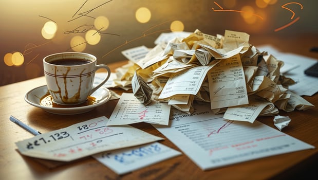 Coffee cup beside a pile of crumpled receipts on a wooden table in a cozy setting during evening hours photo