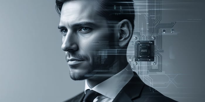 Man in suit with digital circuit design backdrop representing technology and innovation in a modern business environment photo