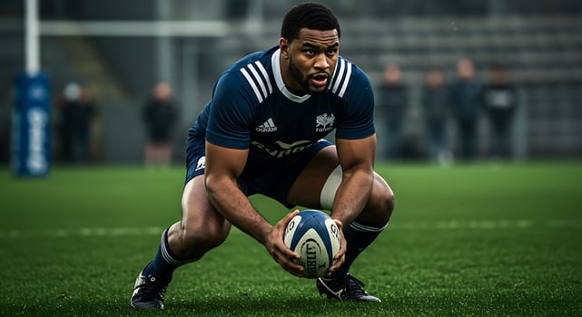 A rugby player crouches down on the field photo