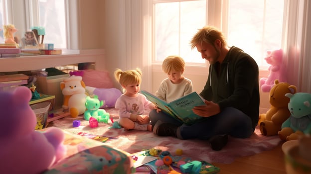 Parent reads a story to children in a cozy playroom surrounded by toys and soft daylight photo