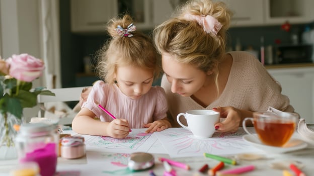 Mother and daughter enjoy a creative afternoon together while coloring and sipping tea in a cozy kitchen photo