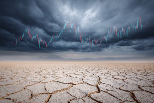 Stock market chart showing decreasing trend over desolate landscape under dark clouds photo
