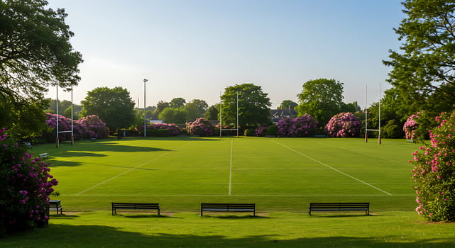 A grassy field with benches and a soccer field photo