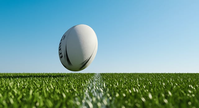 Rugby ball on grass field with blue sky background photo