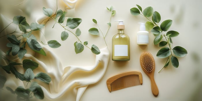 Natural hair care arrangement featuring green leaves, organic products, and grooming tools on a soft background photo