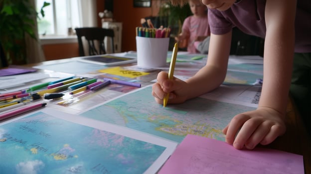 Kids creating colorful maps and drawings in a cozy indoor space during a creative afternoon activity photo
