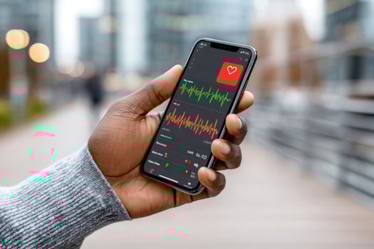 Businessman checking heart rate app on mobile phone in urban setting photo