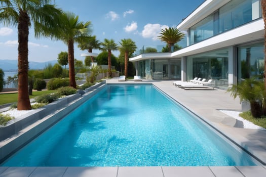 Modern luxury villa with infinity swimming pool overlooking lake photo