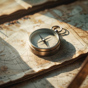 Vintage compass resting on old maps, evoking a sense of adventure and exploration in a warm, sunlit environment photo