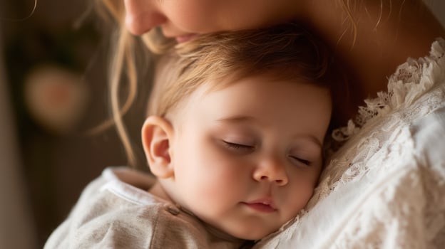 Mother embraces sleeping baby in a cozy indoor setting during the afternoon photo