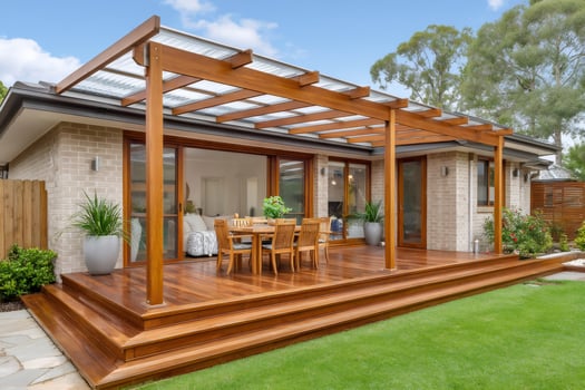 Wooden deck with pergola creating a relaxing outdoor living space photo