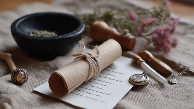 Elegant display of scroll, tools, and dried flowers on rustic cloth for creative writing or arts and crafts photo