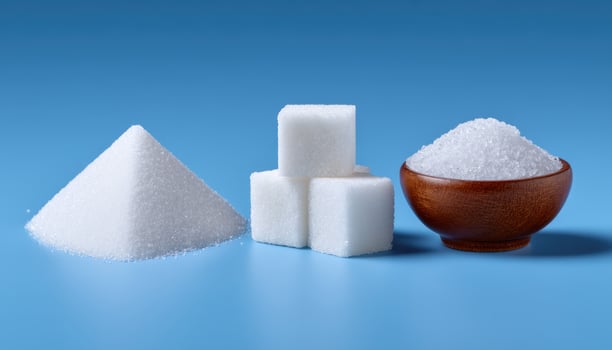 White sugar pyramid and cubes on clean blue background food photography minimalist style photo