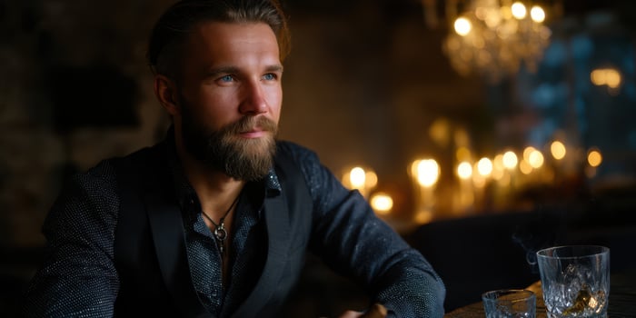 Man with a beard sitting at a bar with warm lighting, reflecting on life and surroundings in a cozy atmosphere photo