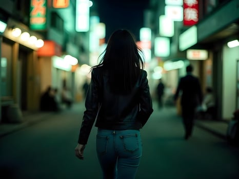 A woman walking down a street at night photo