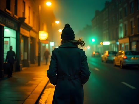 A woman in a coat is walking down a street at night photo