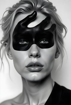 A woman with black and white makeup and a black mask photo