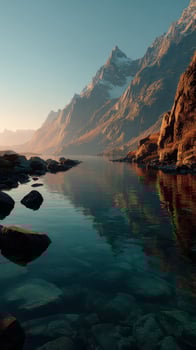 Majestic mountains reflected in a tranquil lake during golden hour in a serene landscape photo