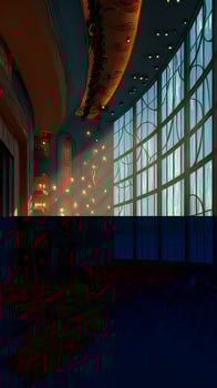 Beautiful theater interior with large windows and warm lighting at sunset showcasing artistic design and empty seats photo