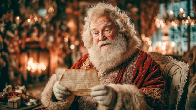 Santa Claus with white hair and beard enthusiastically reads a letter with wishes from children photo