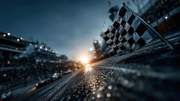 Checkered flag waves in the sunset at a thrilling race track during a competitive event photo