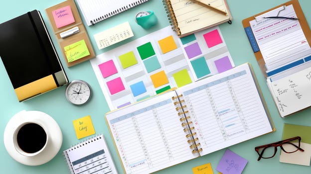 Workspace setup featuring a planner, stationery, coffee, and colorful sticky notes during a productivity session photo