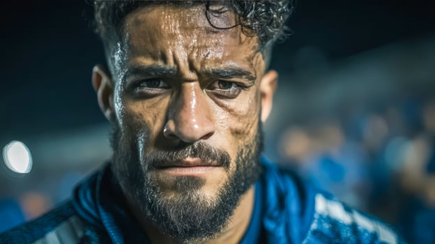 Close-up portrait of European footballer looking determined, wearing blue uniform with blurred crowd in background photo