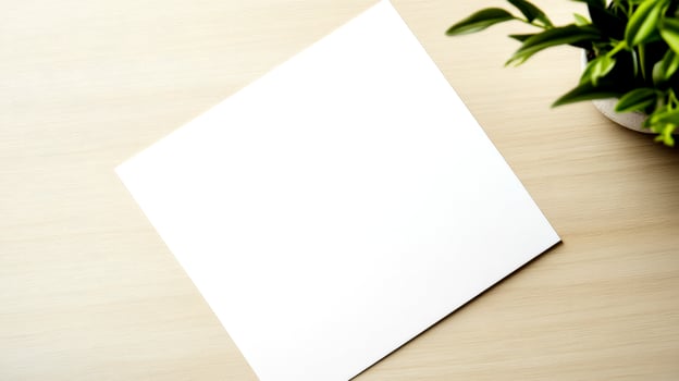 Overhead view features a flat, pristine white paper placed on a light wood surface, complemented by vibrant green plant leaves photo