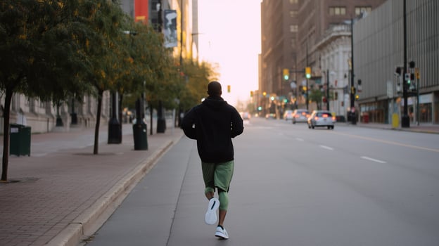 Person jogging on a quiet city street during sunrise, surrounded by tall buildings and soft morning light photo
