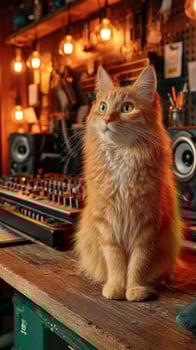 Ginger cat explores a creative workspace with music equipment and warm lighting photo