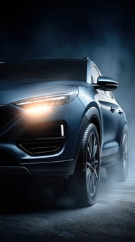Sleek black SUV illuminated by foggy street lights in a dramatic night setting photo