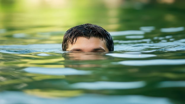 Young man enjoys swimming in a serene lake photo