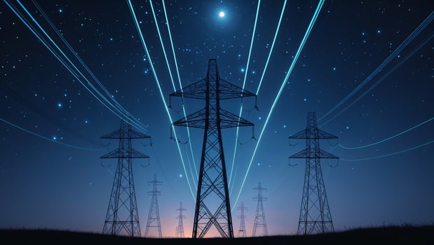 Power lines extend across a starry night sky with glowing energy patterns in a vast landscape photo