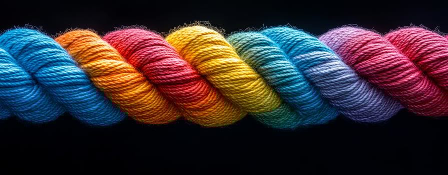 Vibrant yarns in a rainbow of colors. A collection of colorful yarns arranged in a spiral, showcasing bright hues against a dark background. photo