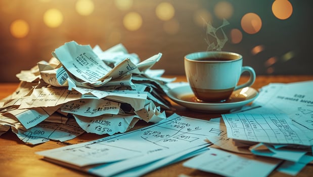 Bills and receipts scattered on a desk next to a steaming cup of coffee during late evening photo