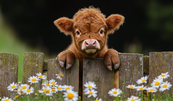 Cute calf peeking over wooden fence. A young calf curiously gazes over a wooden fence, surrounded by blooming daisies in a lush green meadow. photo