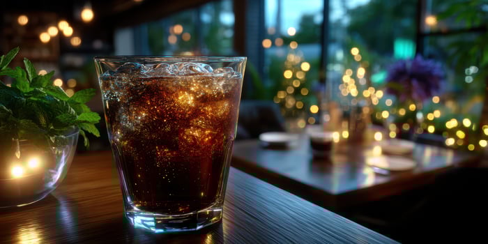 Evening refreshment with sparkling drink in a cozy restaurant setting during twilight photo