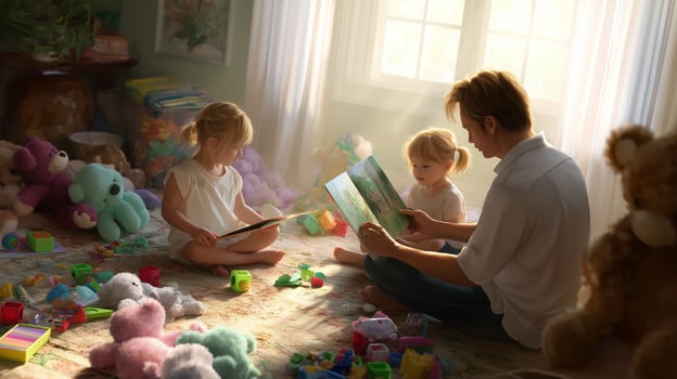 Family reading time in a cozy room filled with children's toys and sunlight streaming through the window photo