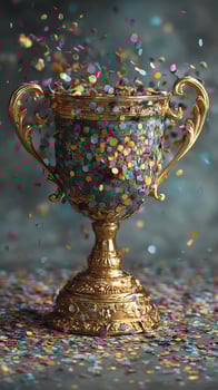 Celebration trophy surrounded by vibrant confetti in a festive atmosphere photo