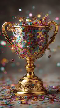 Colorful confetti-filled trophy shines amid scattered decorations on a festive backdrop photo