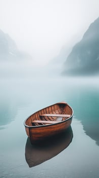 Small wooden boat floating on a calm misty lake in the mountains. photo