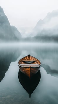 A small wooden boat floats quietly on a misty lake against a backdrop of beautiful mountains. photo