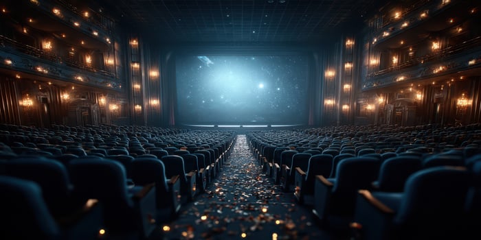 Elegant theater interior with empty seats and scattered confetti, awaiting a grand performance in the evening photo