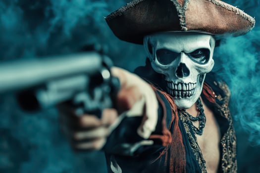 Pirate skeleton points gun in dramatic pose photo