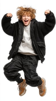 Energetic young person jumping joyfully in casual winter attire against a plain background photo