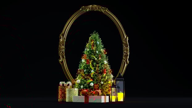 Decorated Christmas tree with presents isolated on black background, new year concept photo