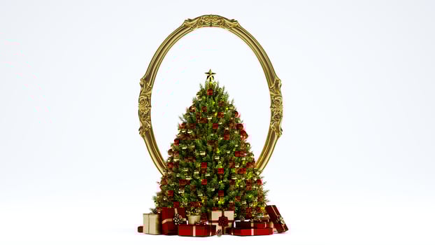 Decorated Christmas tree with presents isolated on white background, new year concept photo