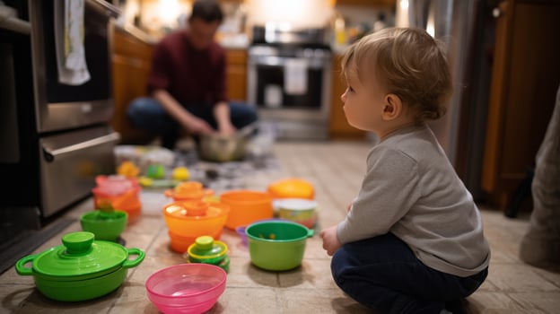 Toddler plays with colorful kitchen toys while adult prepares food in family kitchen during evening photo